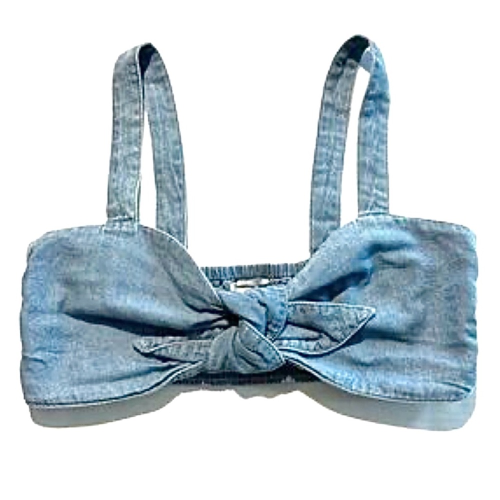 American Eagle Outfitters Light Blue Denim Bow Top